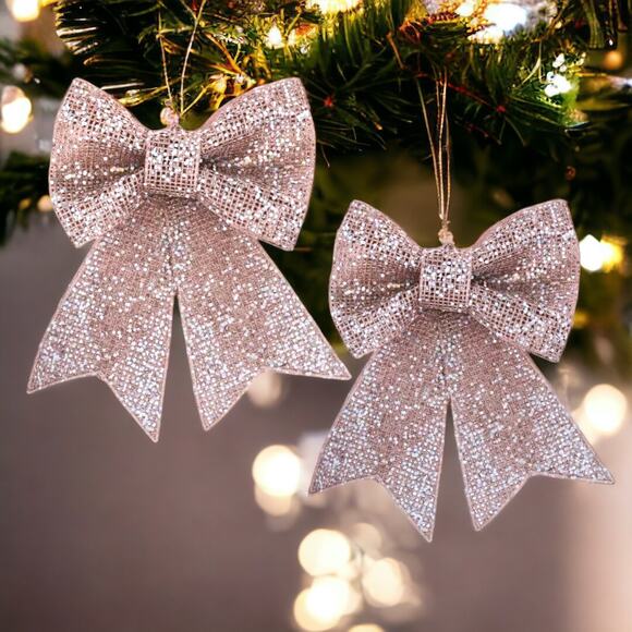 2- Mesh Bow Ornaments Christmas Large 11 in Pink Glittering Hanging - Picture 2 of 4